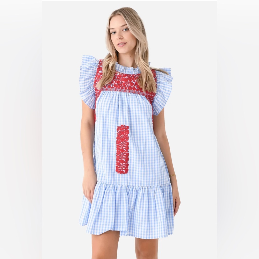 New J. Marie Rebel Ruffle Neck Blue and Red Gingham Dress size XS - Picture 1 of 16